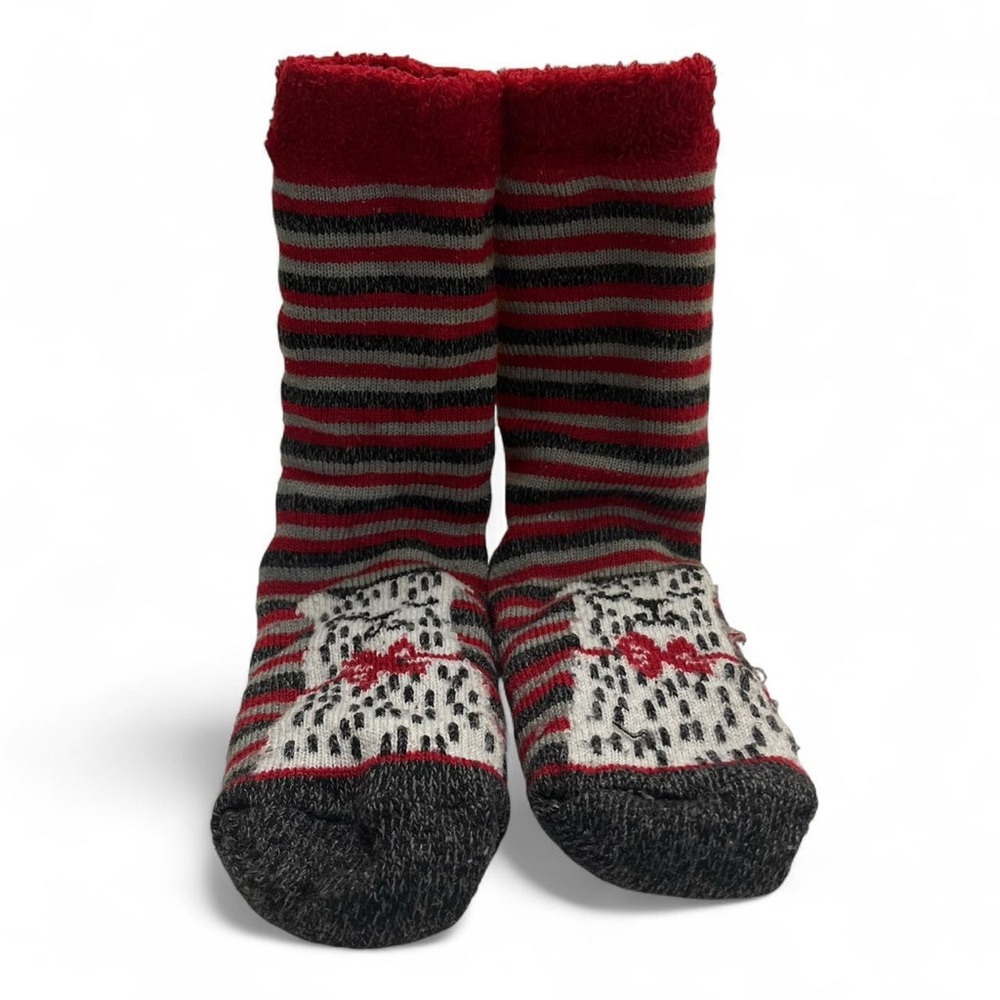Thick & Cozy Acrylic or Wool Knit Striped Cat Bow Tie Crew Plush Slipper Socks